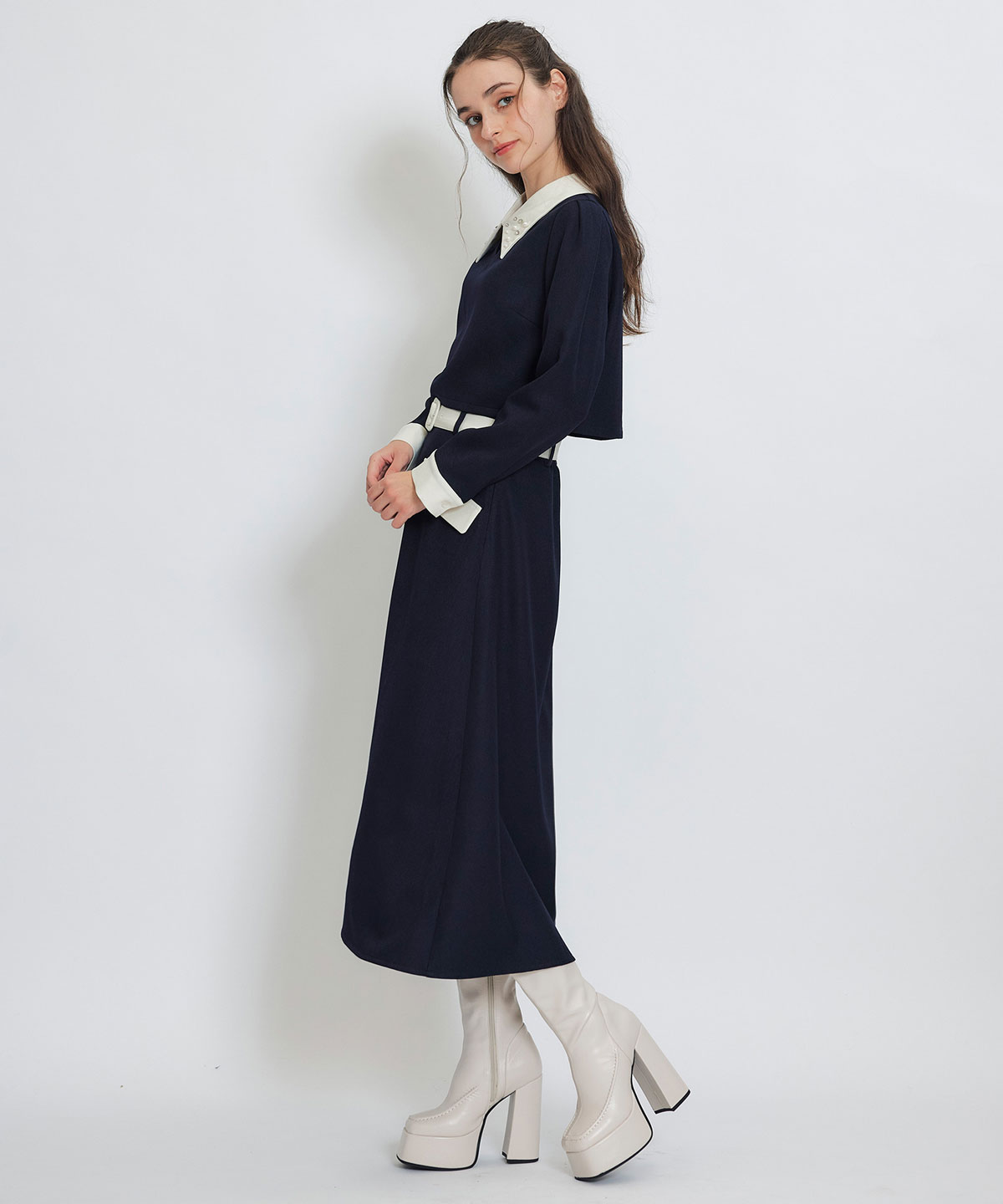 ビジューカラーコンパクトブラウス×バイカラーロングフレアスカートセットアップ