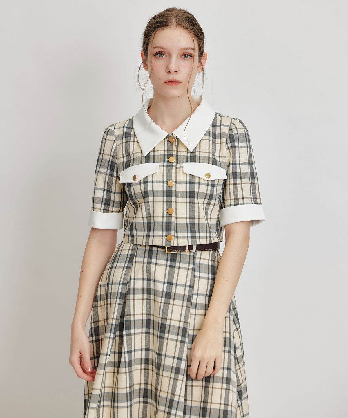 バイカラーチェックブラウス×フレアロングスカートセットアップ