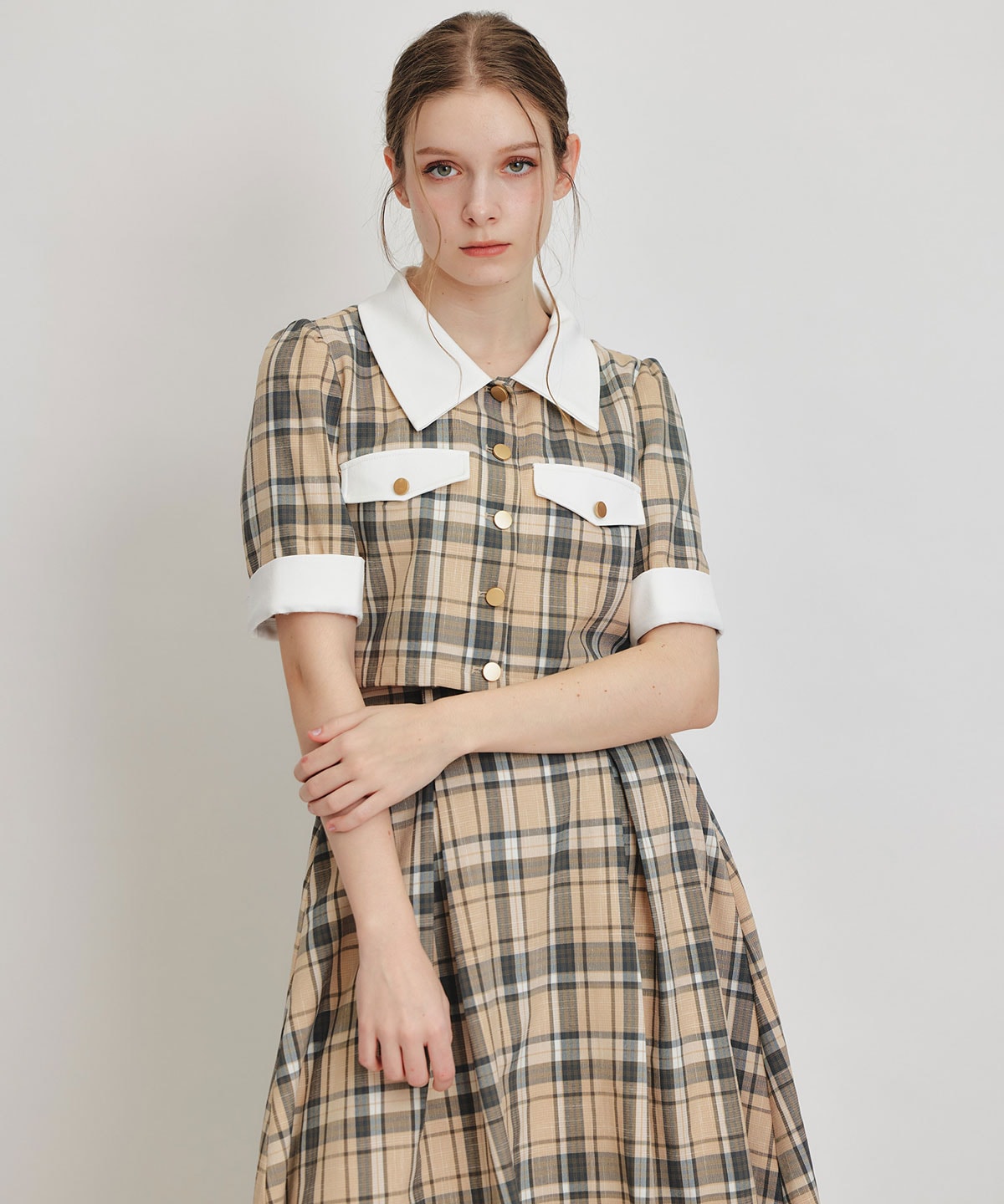 バイカラーチェックブラウス×フレアロングスカートセットアップ