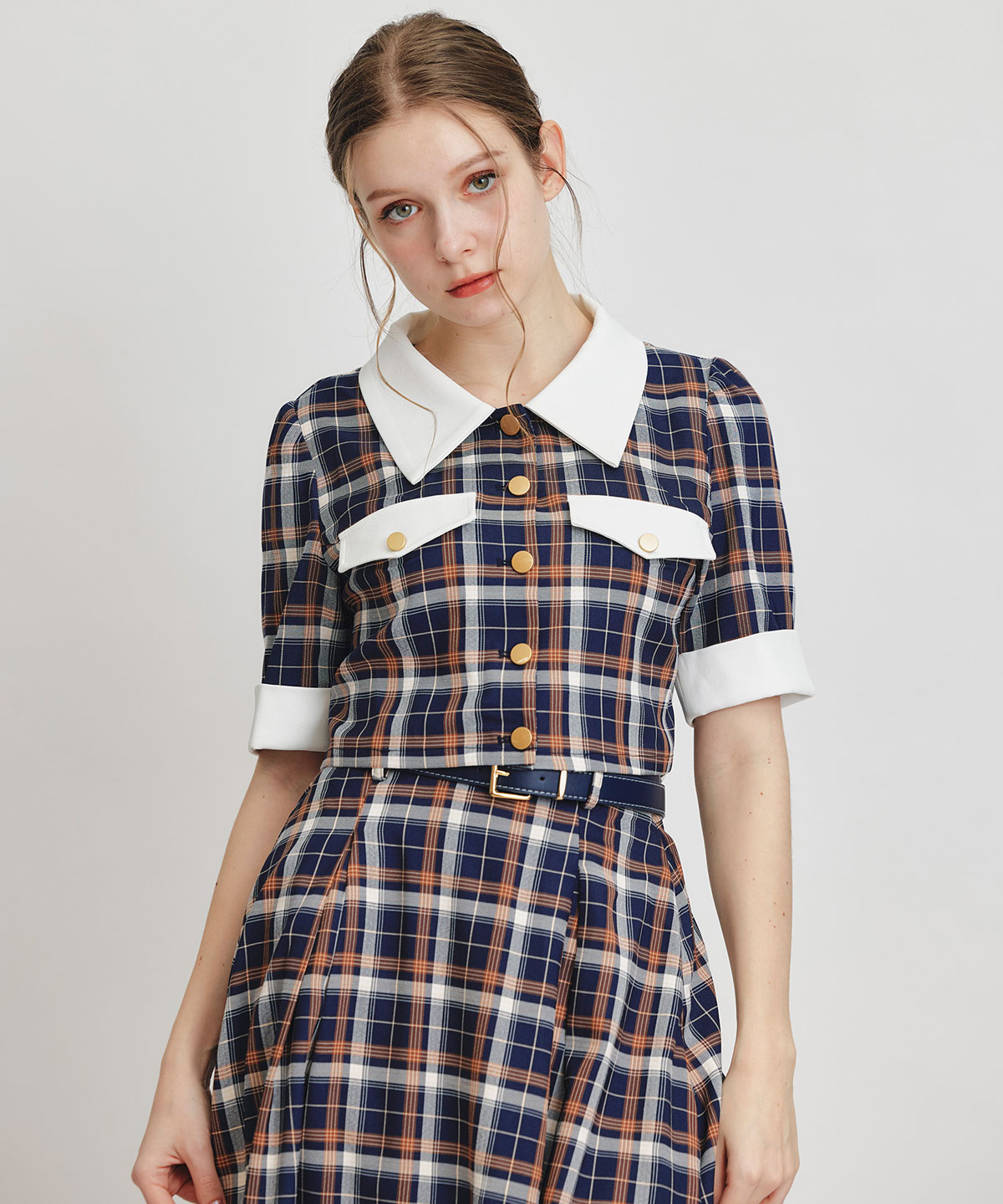 バイカラーチェックブラウス×フレアロングスカートセットアップ