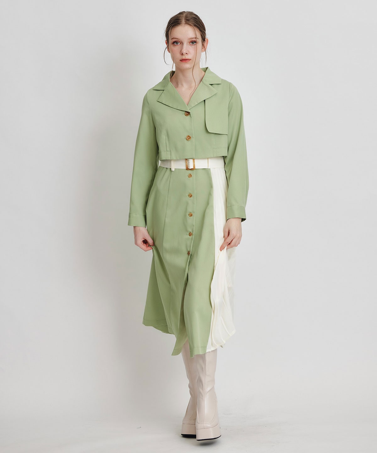 トレンチディティールショートシャツジャケット×バイカラープリーツフレアロングワンピースセットアップ