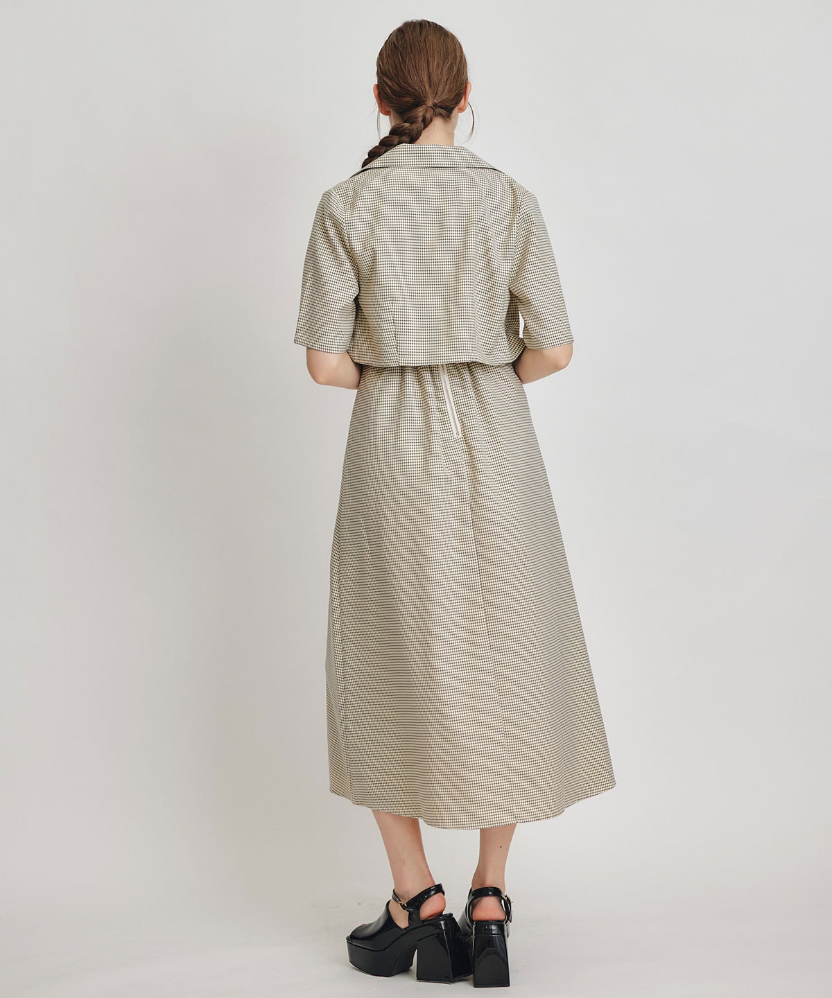 チェックショートジャケットｘアクセントベルトフレアロングワンピースセットアップ