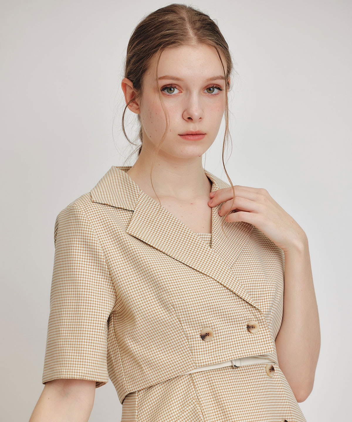 チェックショートジャケットｘアクセントベルトフレアロングワンピースセットアップ