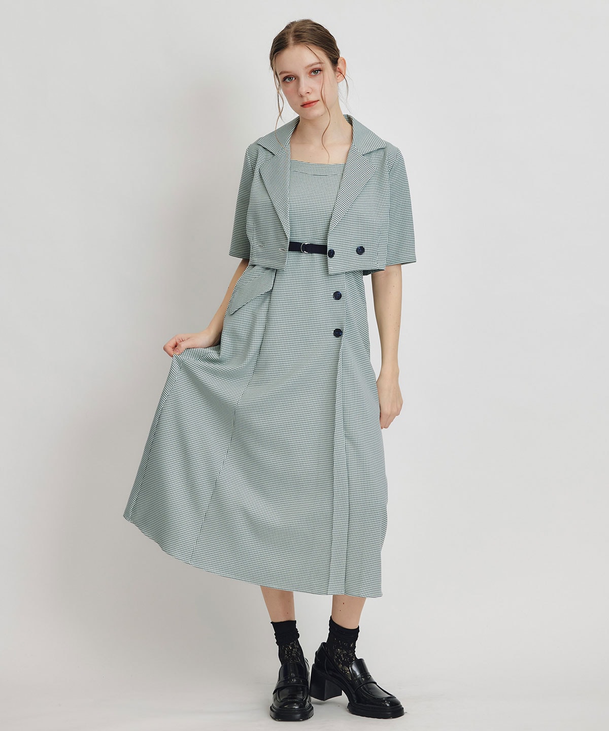 チェックショートジャケットｘアクセントベルトフレアロングワンピースセットアップ