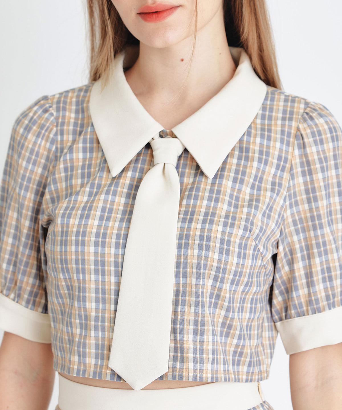 プレッピーネクタイチェックブラウス×プリーツミニスカートセットアップ
