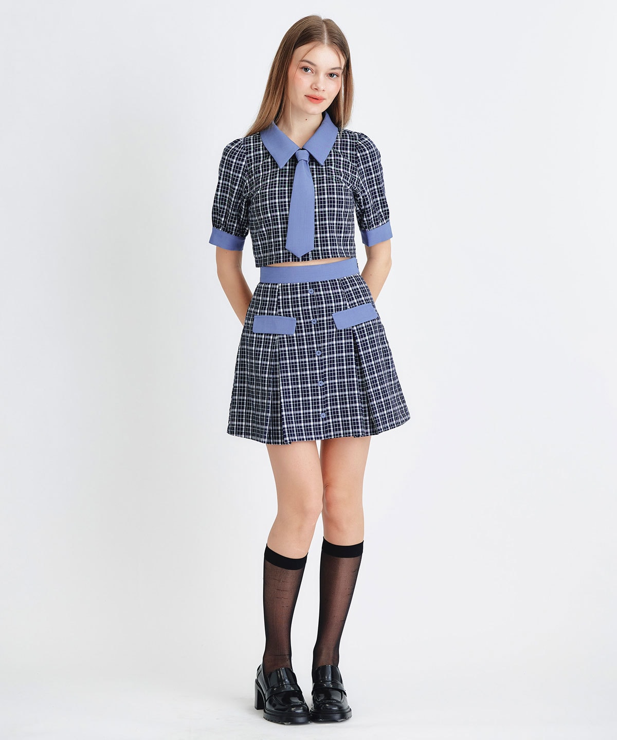 プレッピーネクタイチェックブラウス×プリーツミニスカートセットアップ