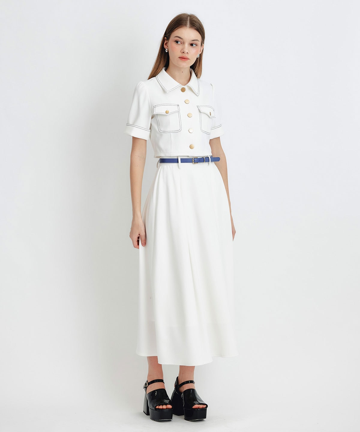 ショートジャケット×フレアロングスカートセットアップ