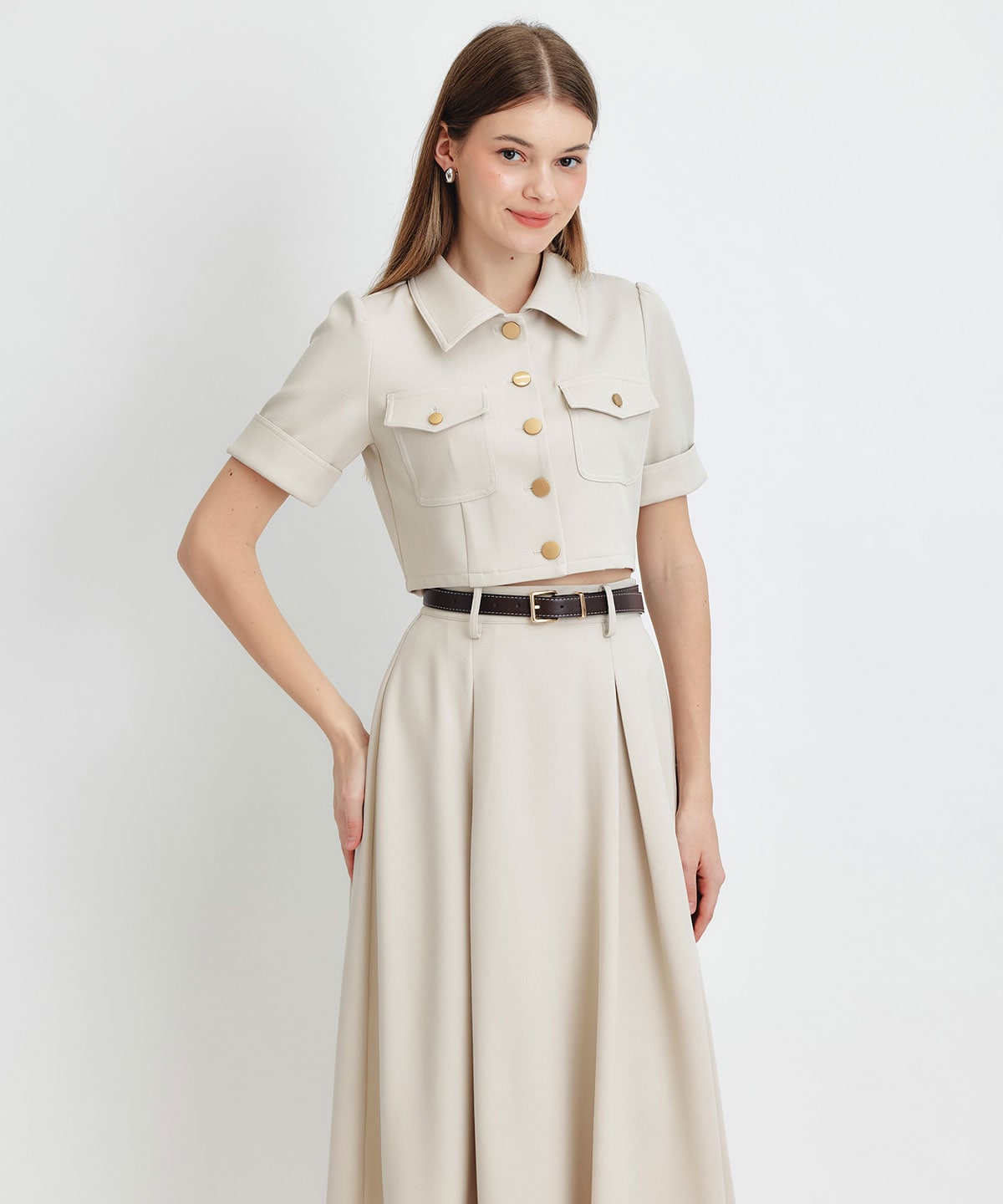 ショートジャケット×フレアロングスカートセットアップ