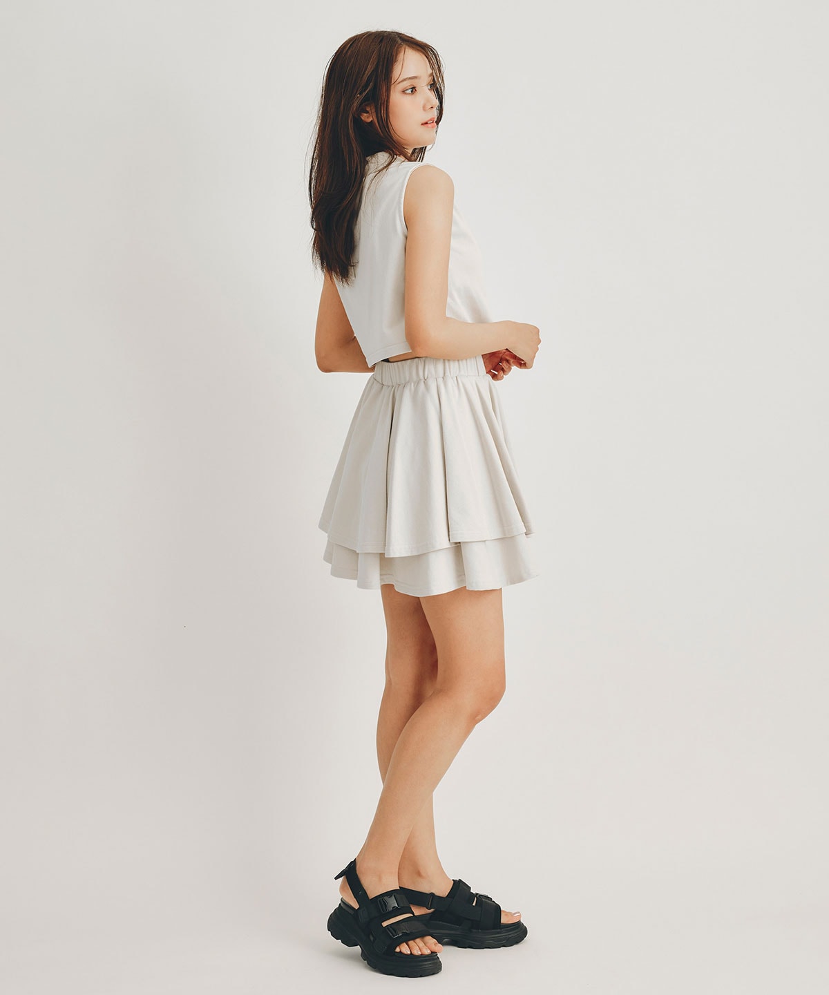 クロスリボンポロトップス×ティアードミニスカートセットアップ