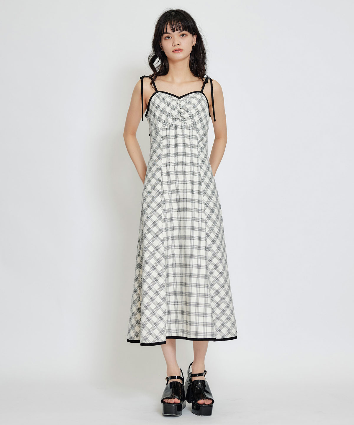 パイピングリボンキャミソールチェックフレアロングワンピース