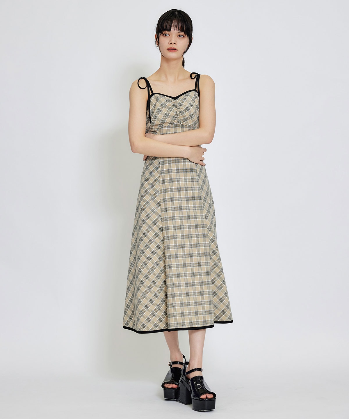 パイピングリボンキャミソールチェックフレアロングワンピース