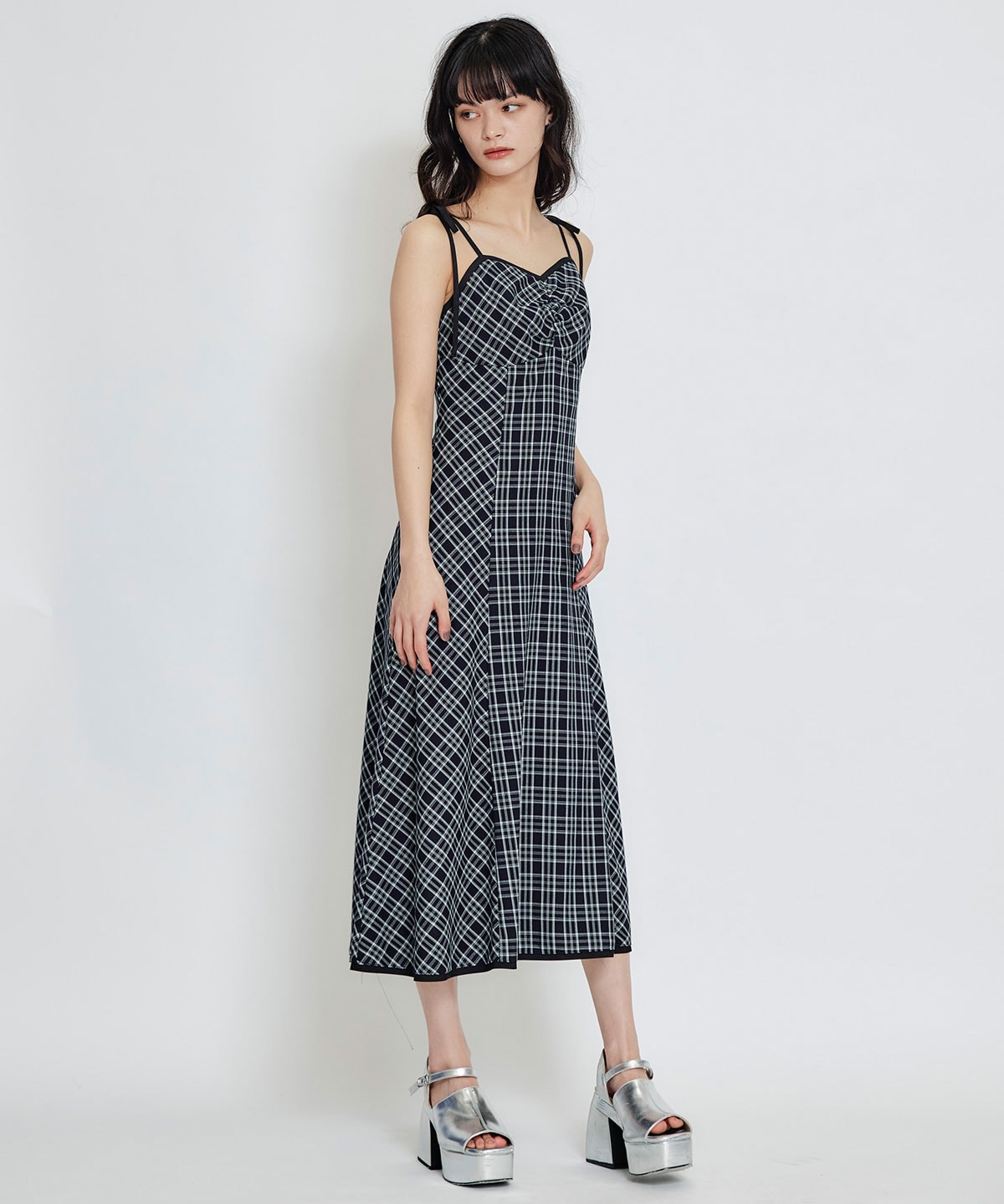 パイピングリボンキャミソールチェックフレアロングワンピース