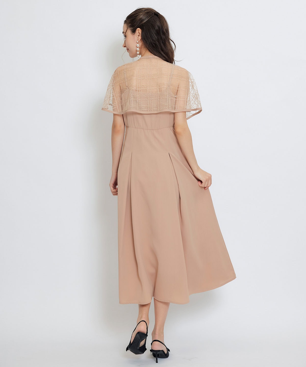 チェックシアーチュールケープ×キャミソールフレアロングドレス