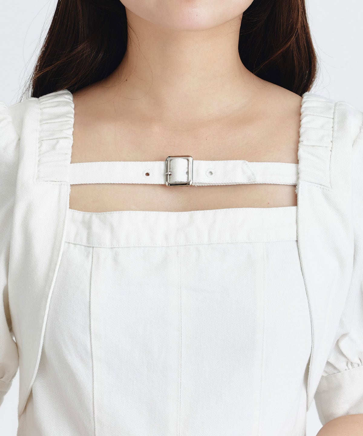 デコルテベルトデニムフレアロングワンピース