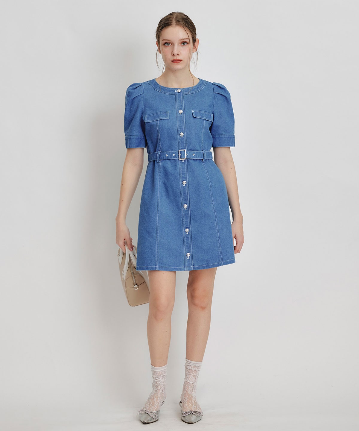 バイカラーステッチノーカラーデニムフレアミニワンピース