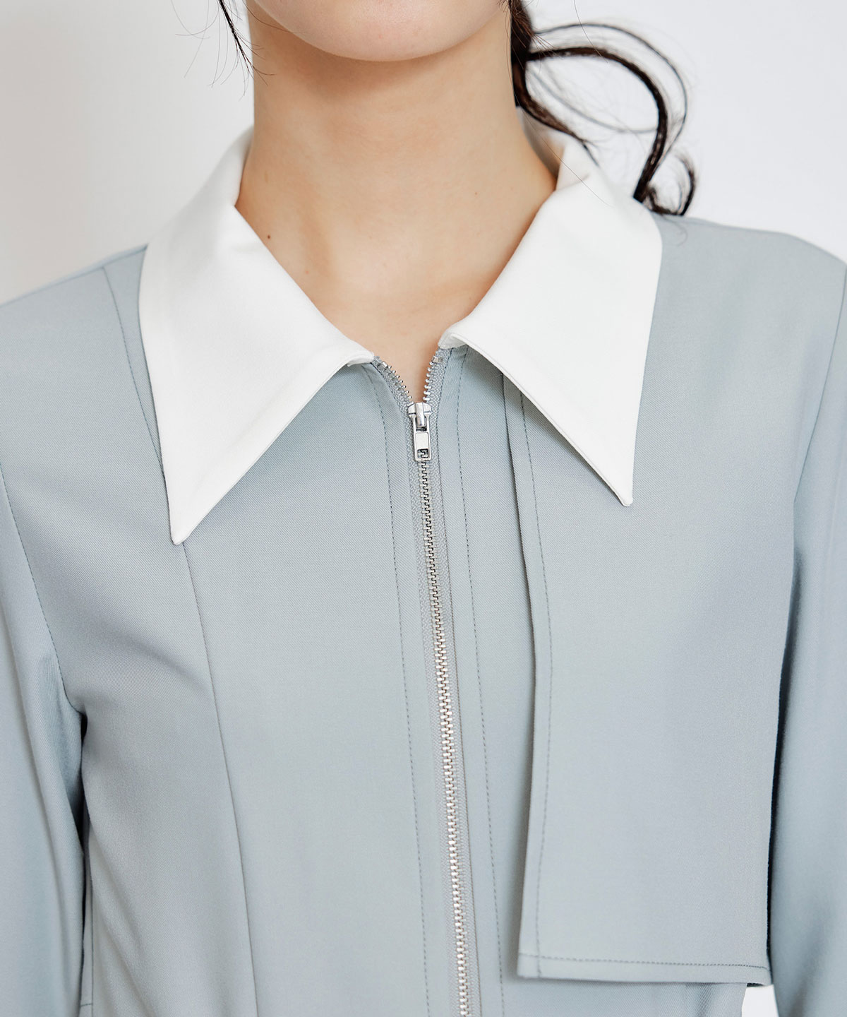 フロントZIPバイカラーロングシャツワンピース