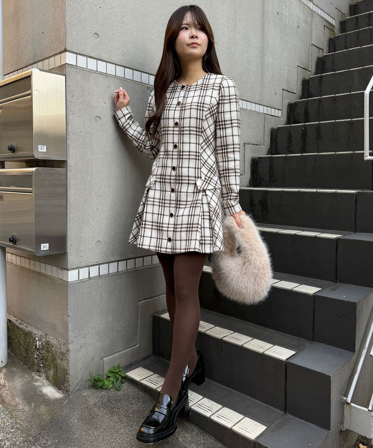 バイアスチェックツイードミニワンピース