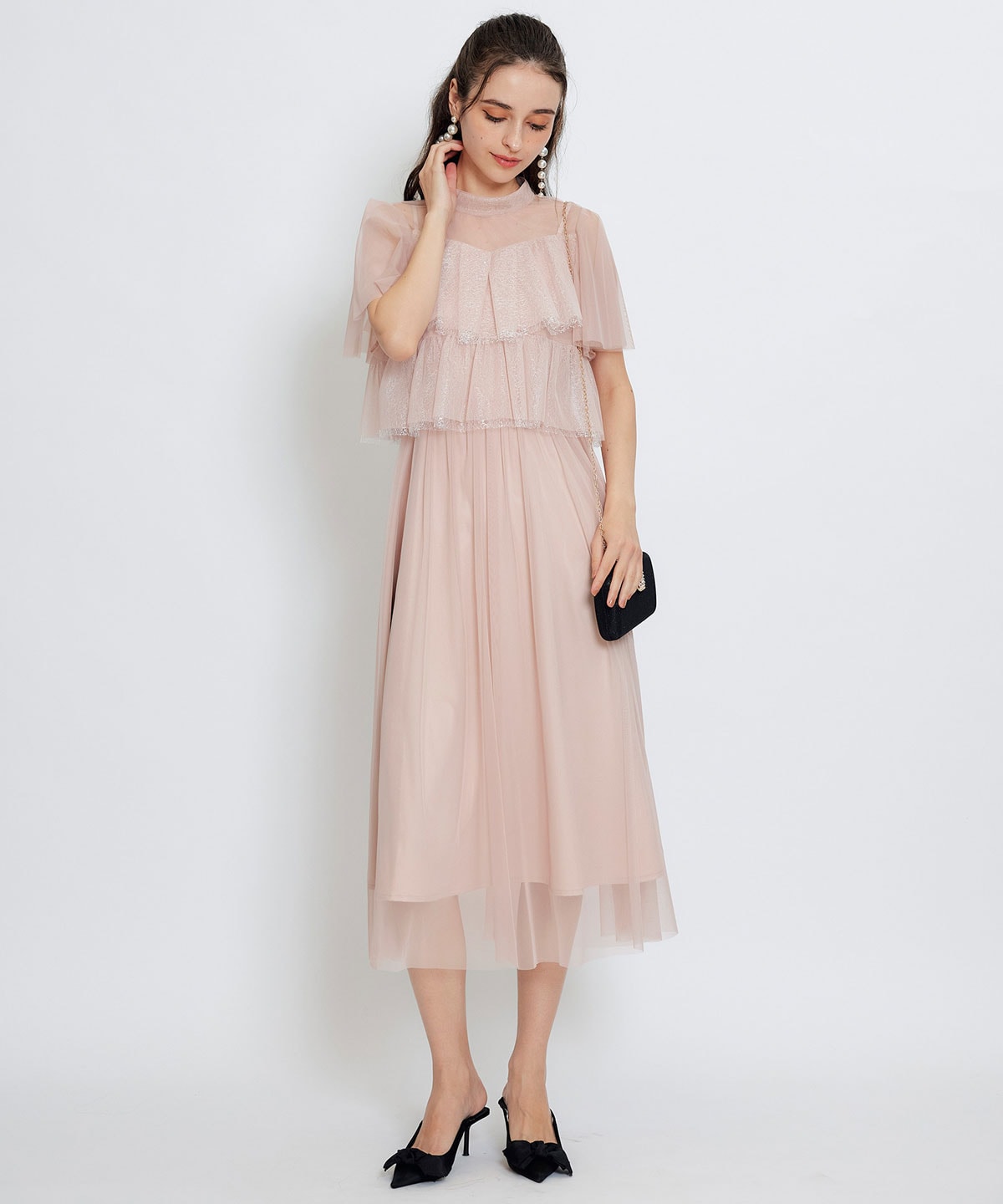 チュールレースティアードトップス×キャミソールフレアロングドレス