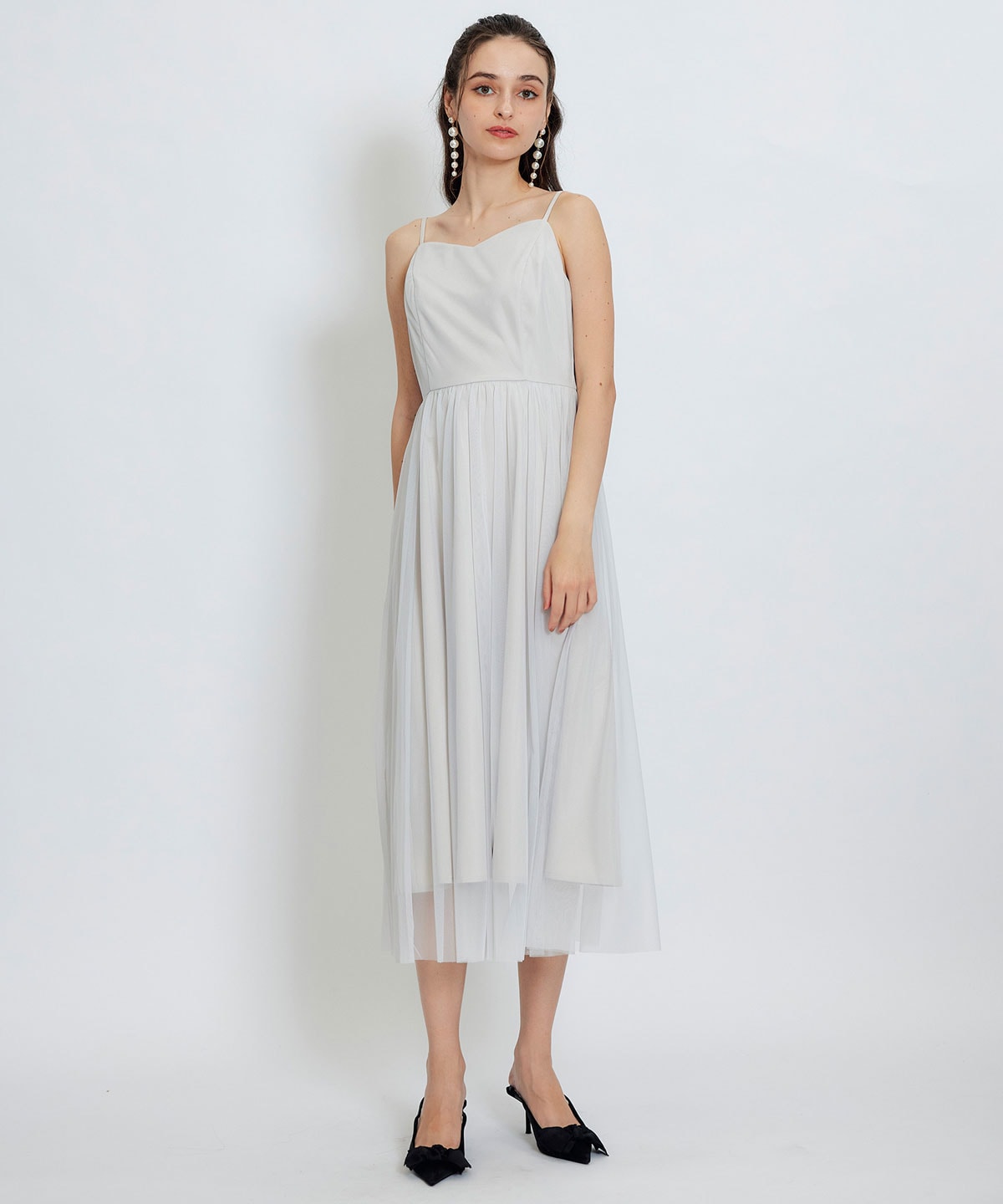 チュールレースティアードトップス×キャミソールフレアロングドレス