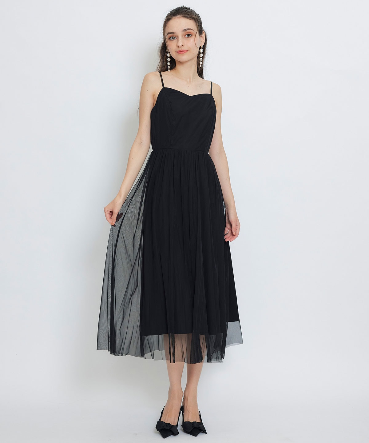 チュールレースティアードトップス×キャミソールフレアロングドレス