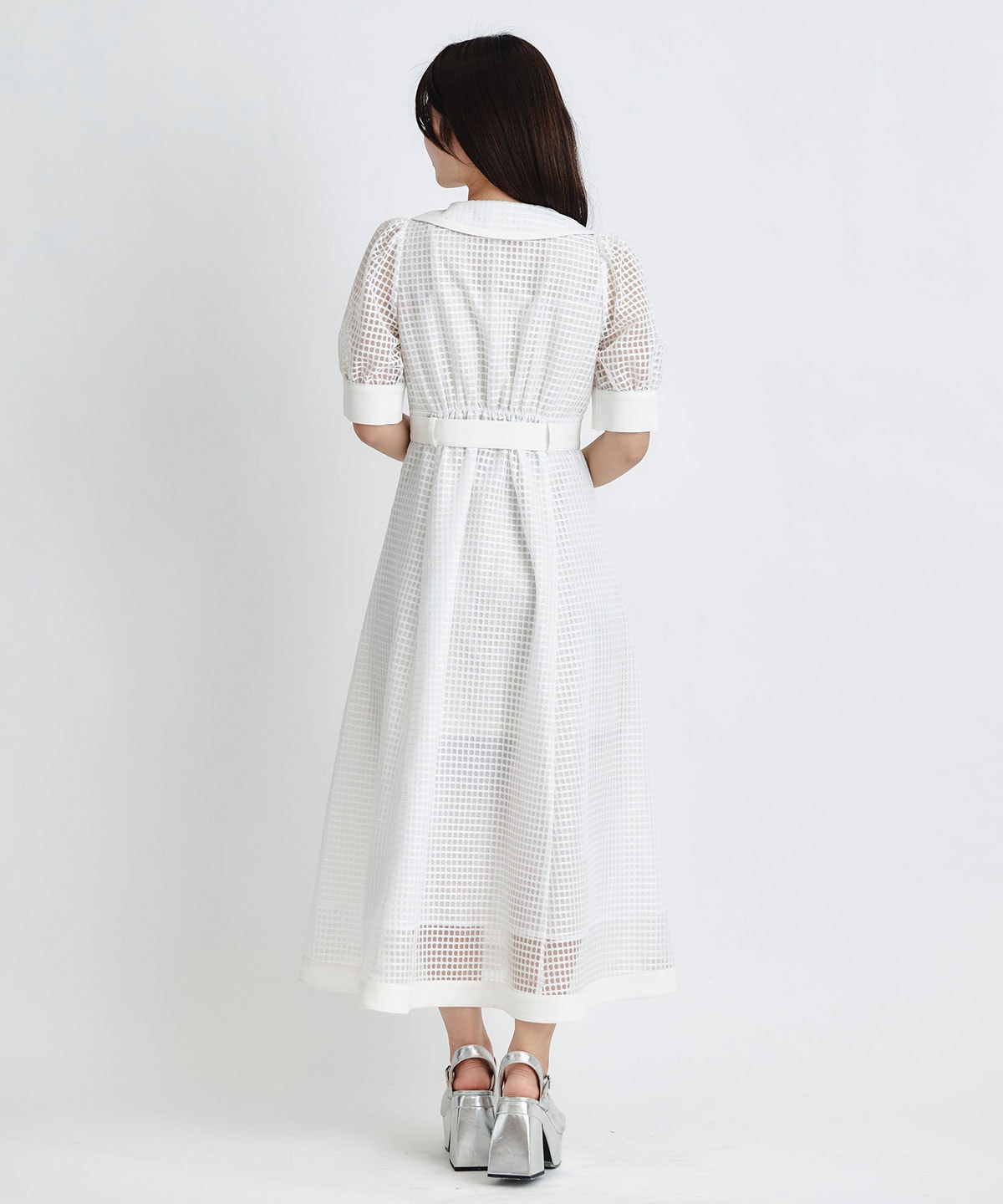 シアーチェックビッグカラーフレアロングワンピース