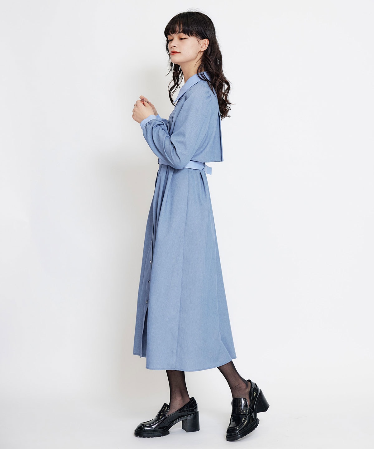 フロントプリーツリボンタイフレアロングワンピース