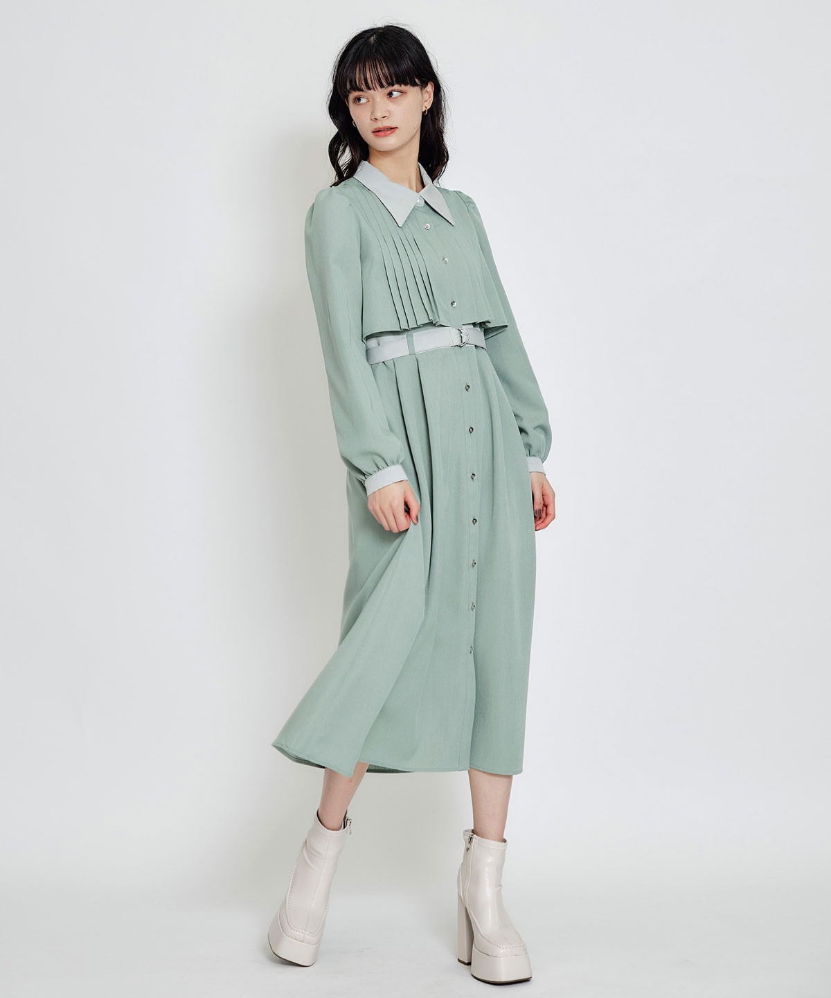 フロントプリーツリボンタイフレアロングワンピース