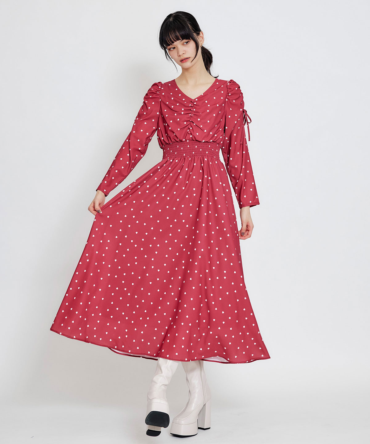 Love Me Heart ギャザーリボンロングフレアワンピース