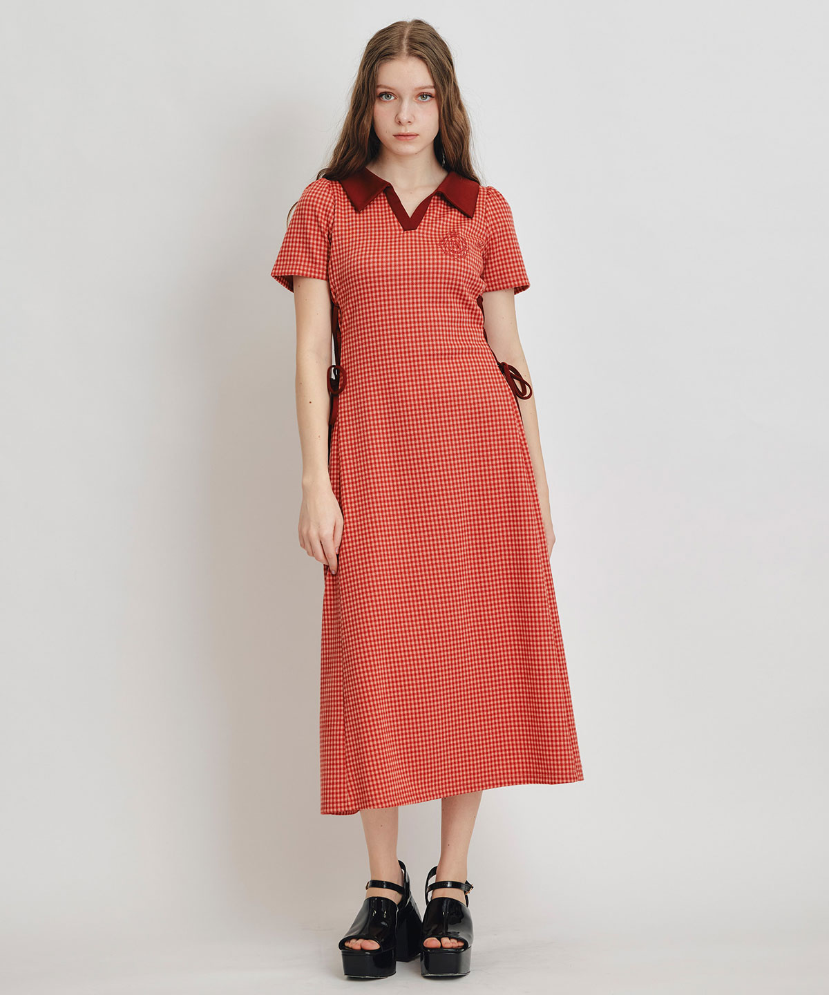 ポロカットレースアップフレアロングワンピース