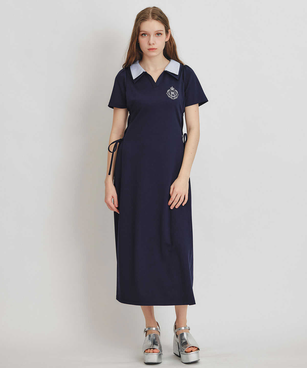 ポロカットレースアップフレアロングワンピース