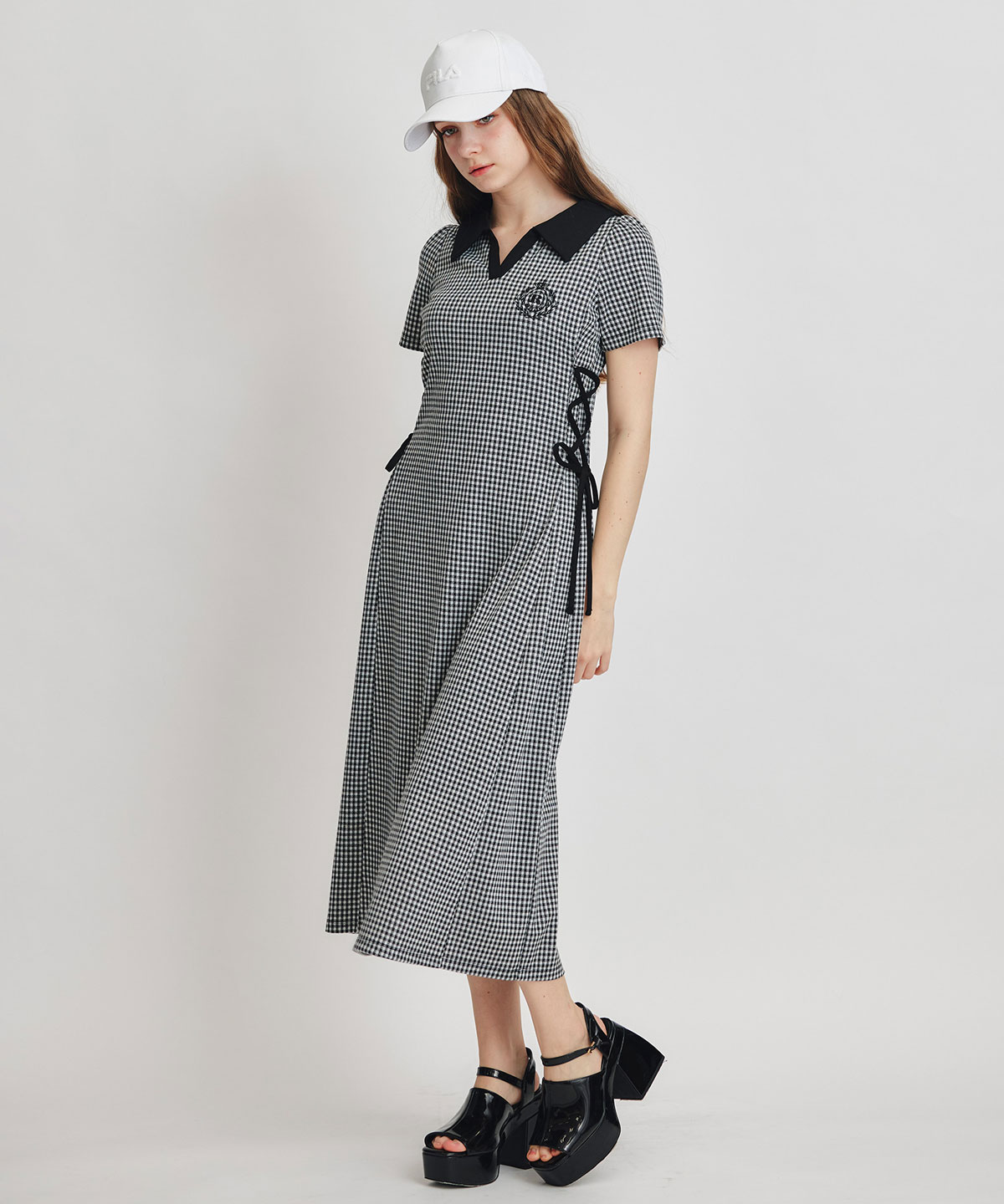 ポロカットレースアップフレアロングワンピース