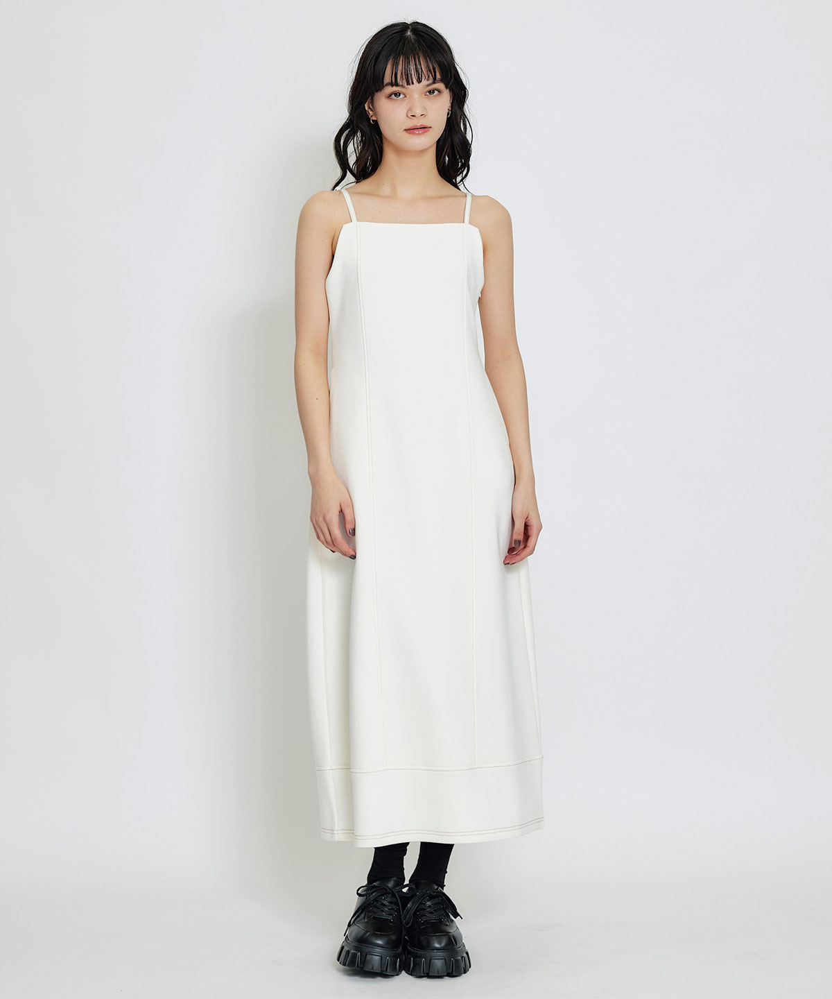 【セットアップ可能】バイカラーステッチカットロングワンピース