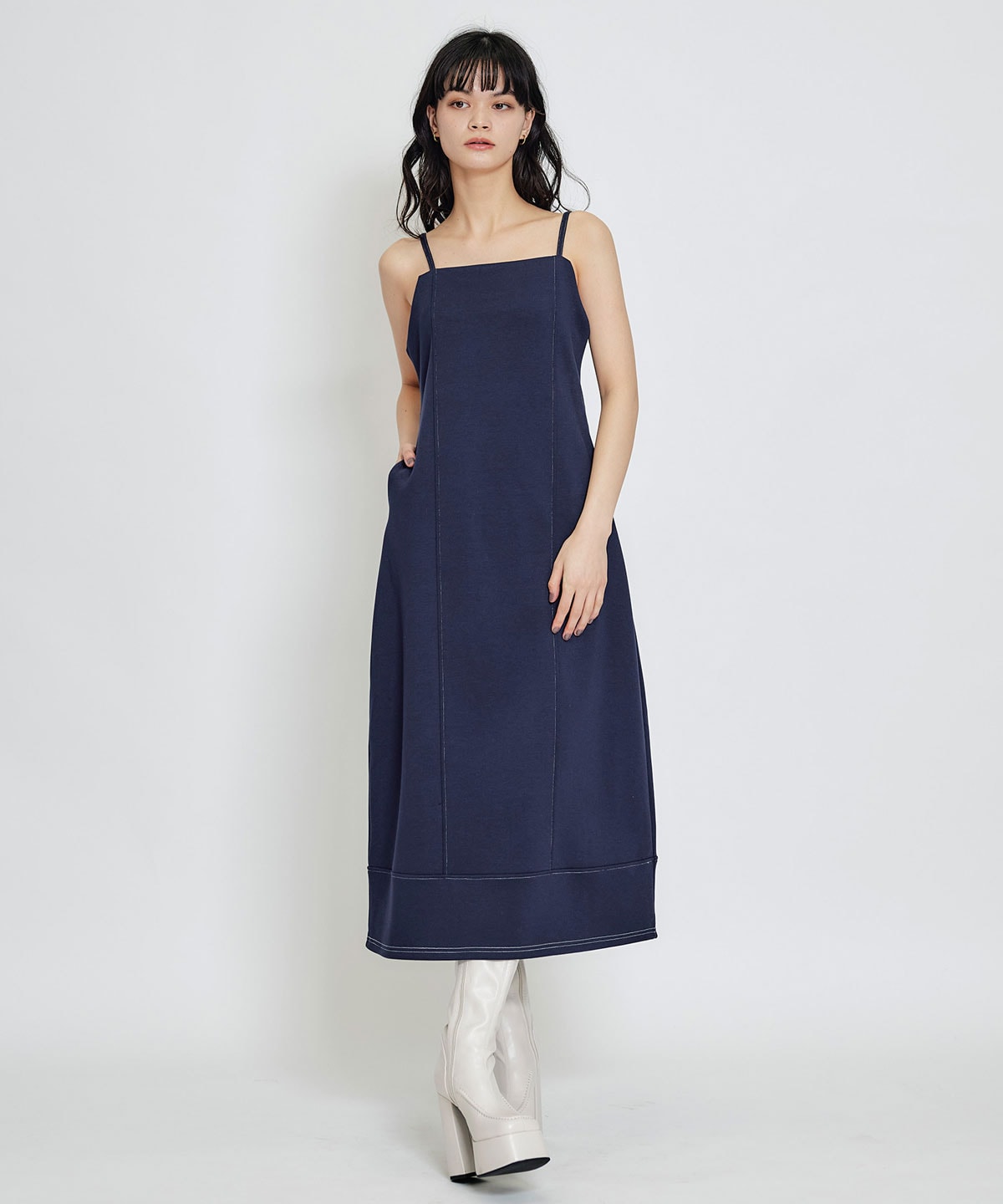 【セットアップ可能】バイカラーステッチカットロングワンピース