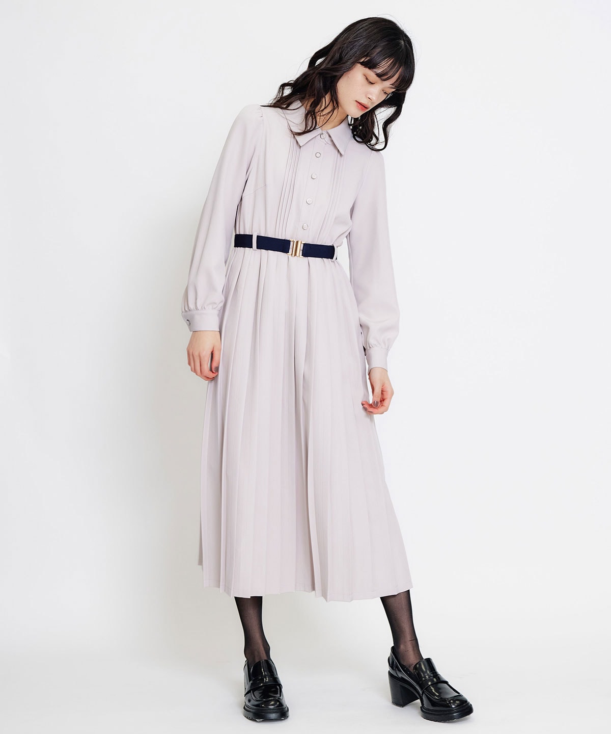 リボンタイプリーツロングシャツワンピース