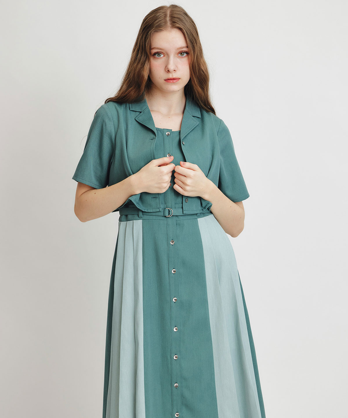 レイヤードサイドプリーツバイカラーロングワンピース