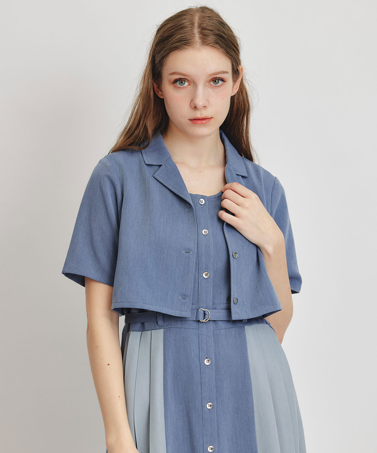 レイヤードサイドプリーツバイカラーロングワンピース