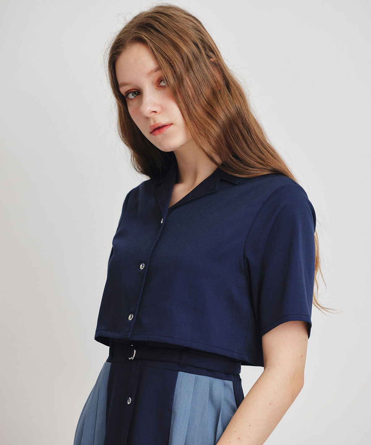 レイヤードサイドプリーツバイカラーロングワンピース