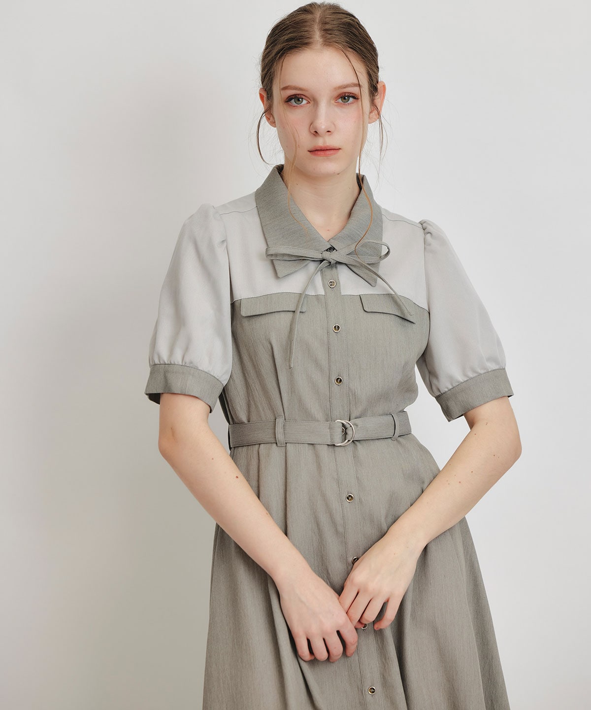 コントラストカラーシャツフレアロングワンピース