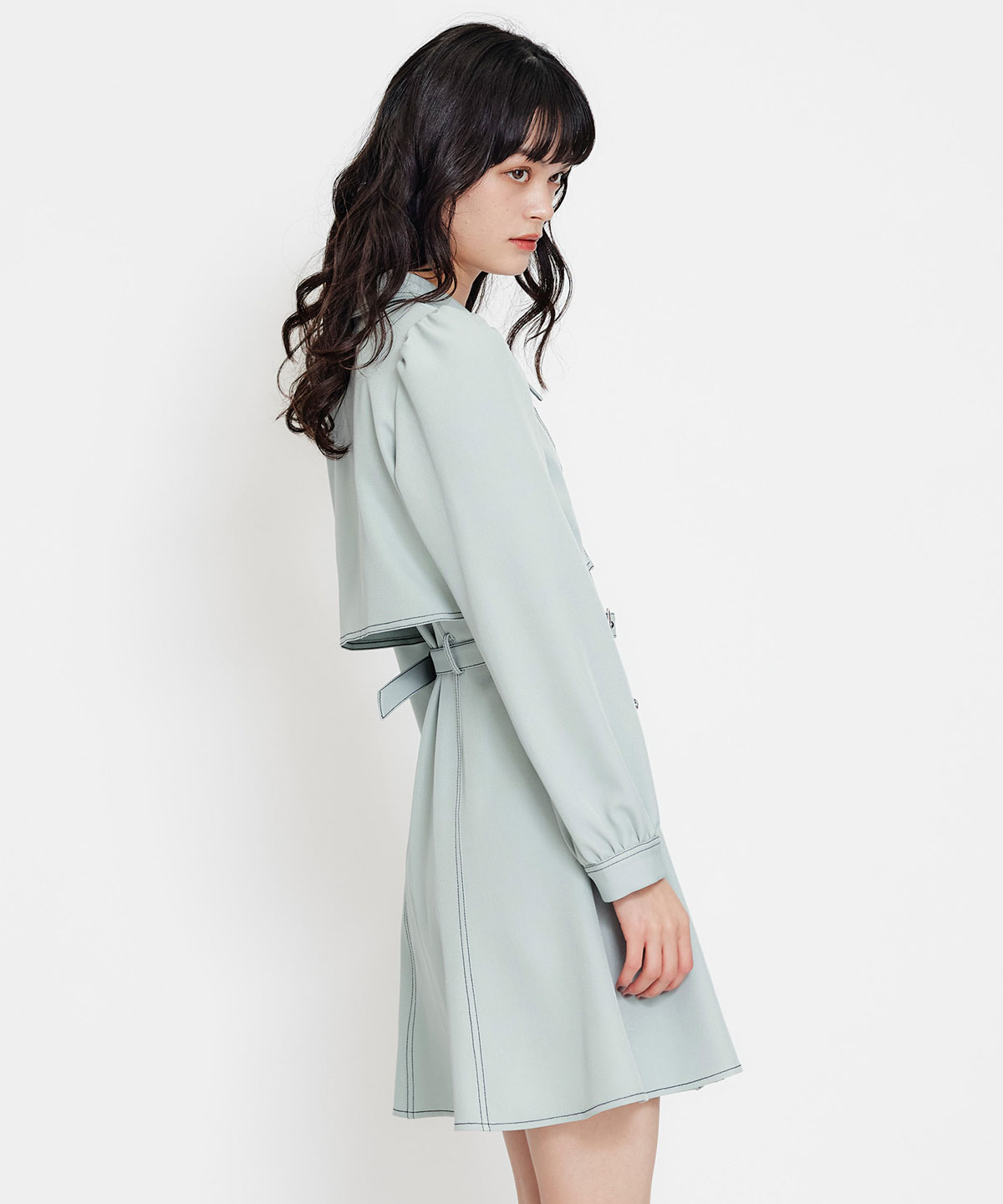 バイカラーステッチフレアミニシャツワンピース