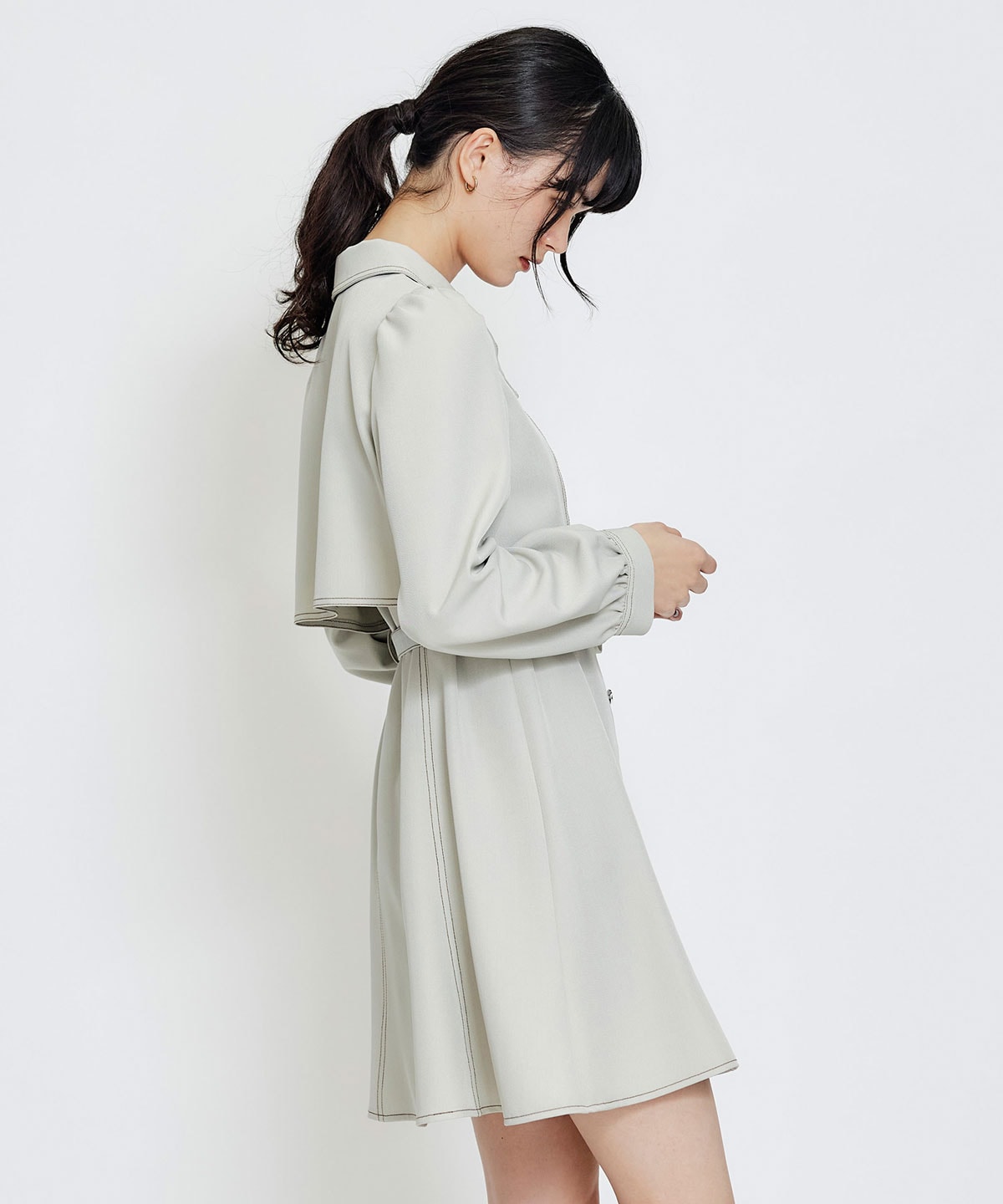 バイカラーステッチフレアミニシャツワンピース