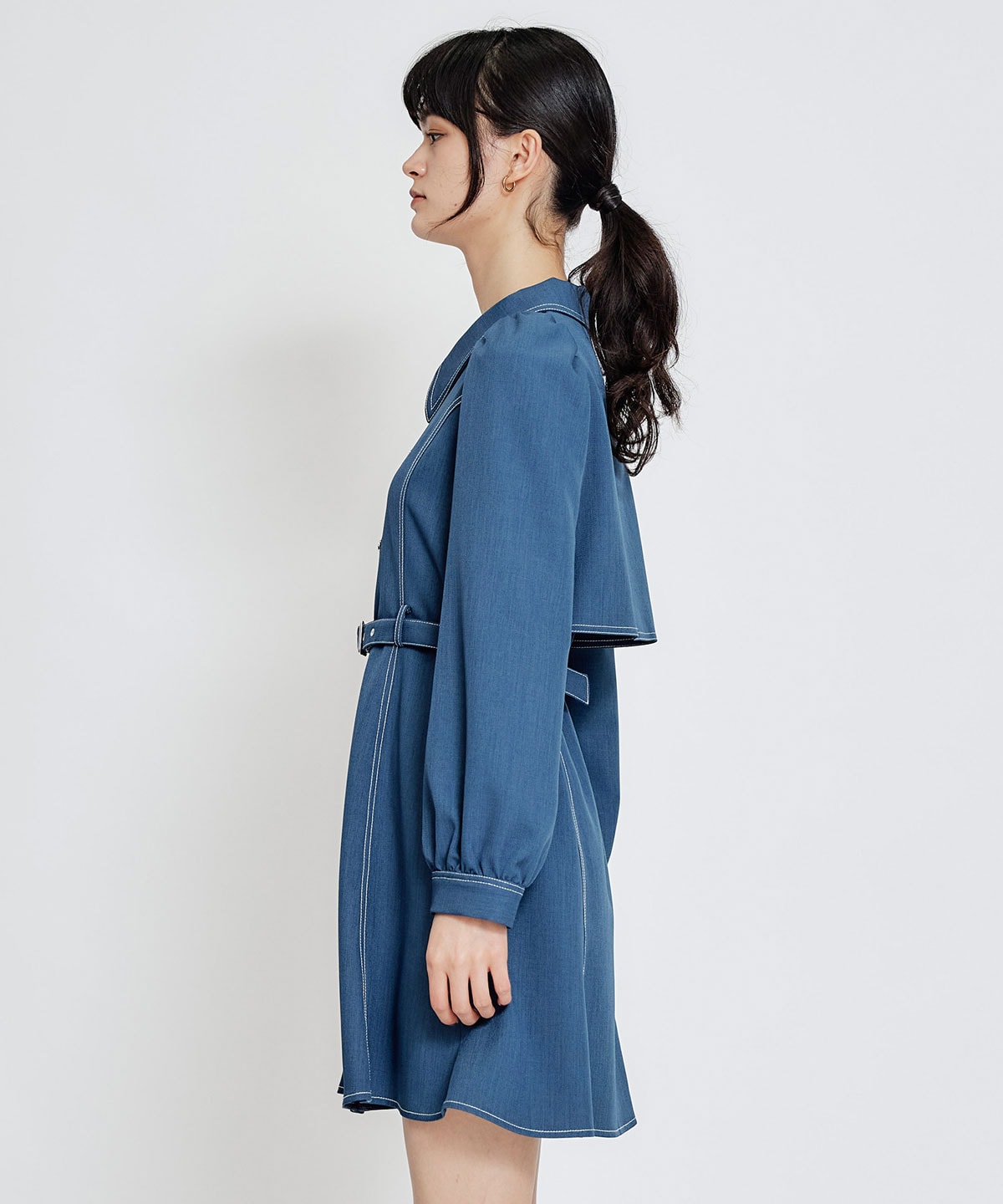 バイカラーステッチフレアミニシャツワンピース