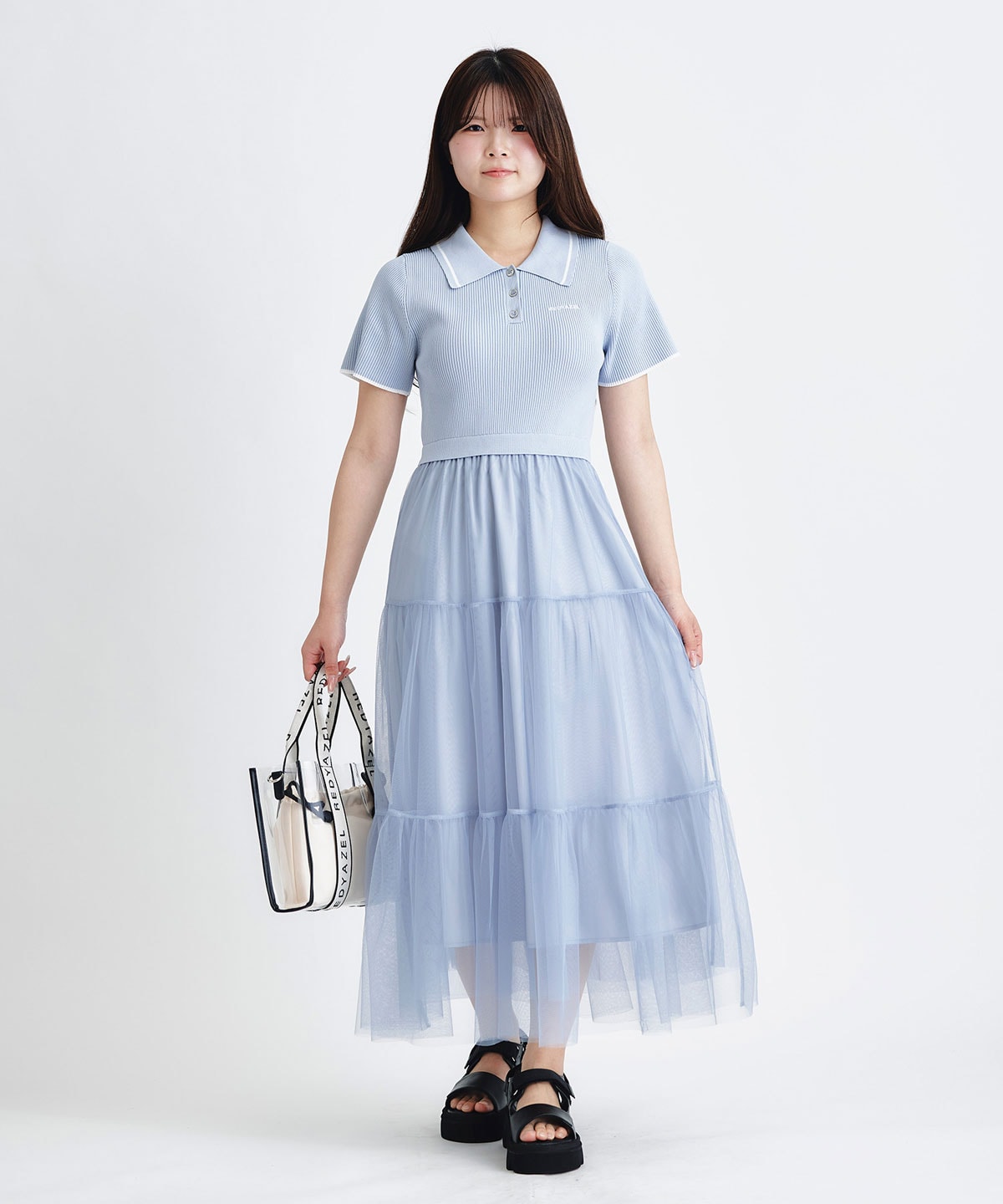ポロニットチュールティアードドッキングロングワンピース