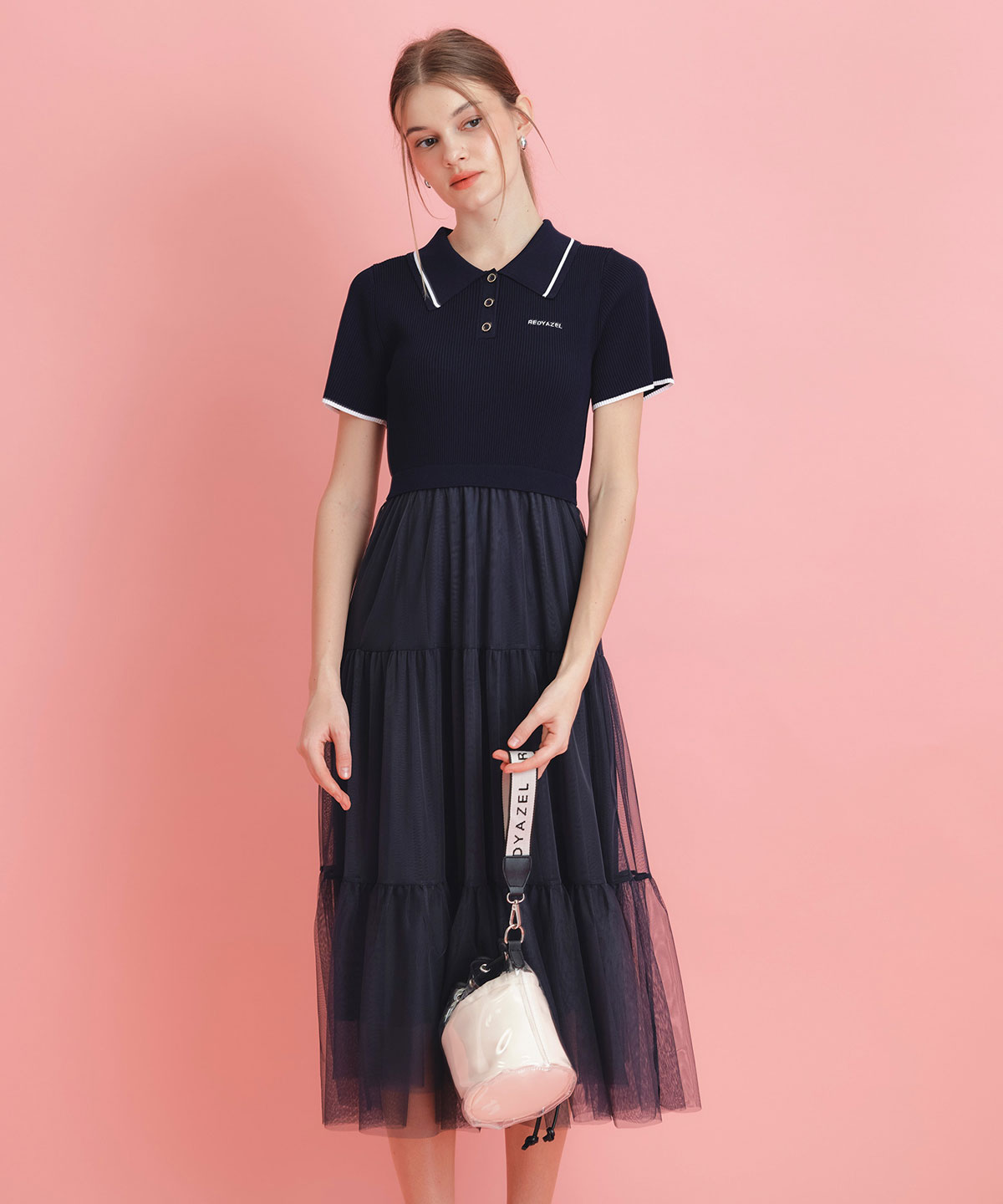 ポロニットチュールティアードドッキングロングワンピース