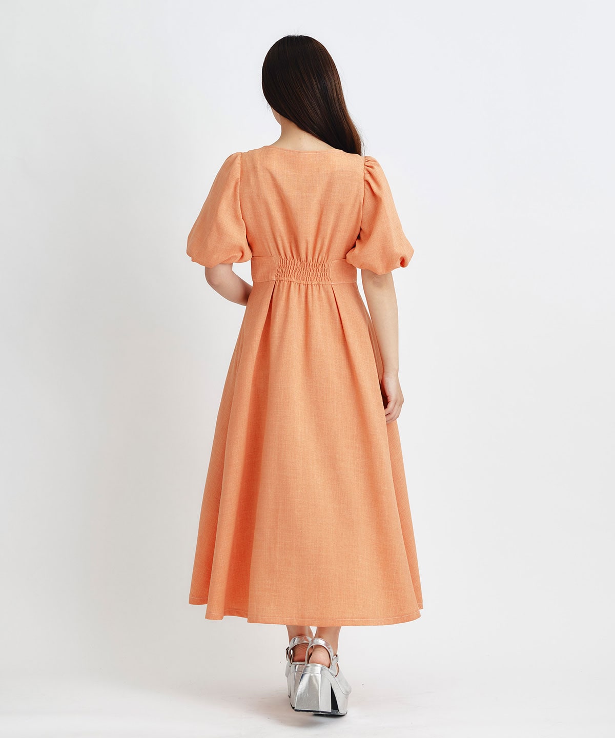 コルセットバルーンスリーブフレアロングワンピース