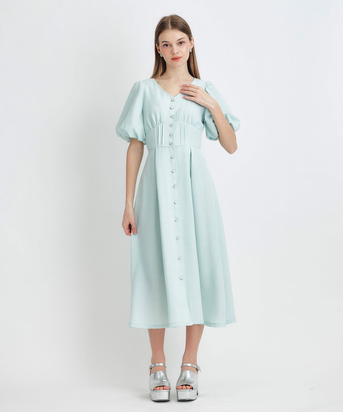 コルセットバルーンスリーブフレアロングワンピース