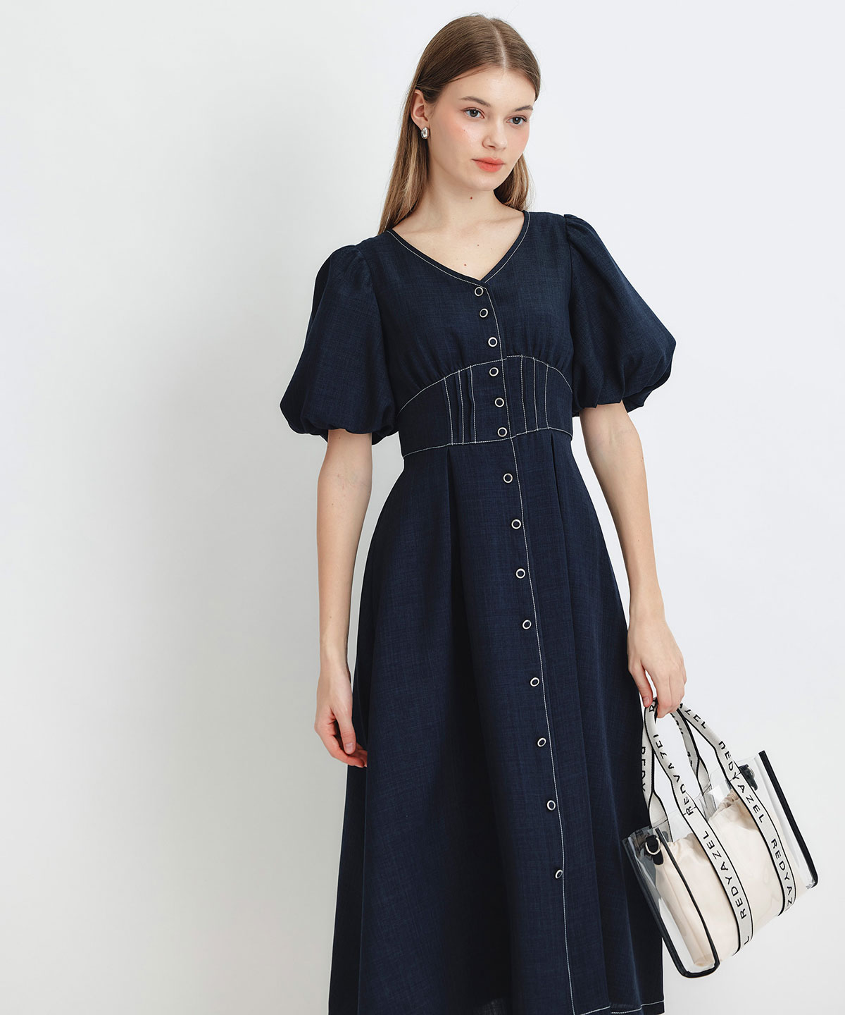 コルセットバルーンスリーブフレアロングワンピース