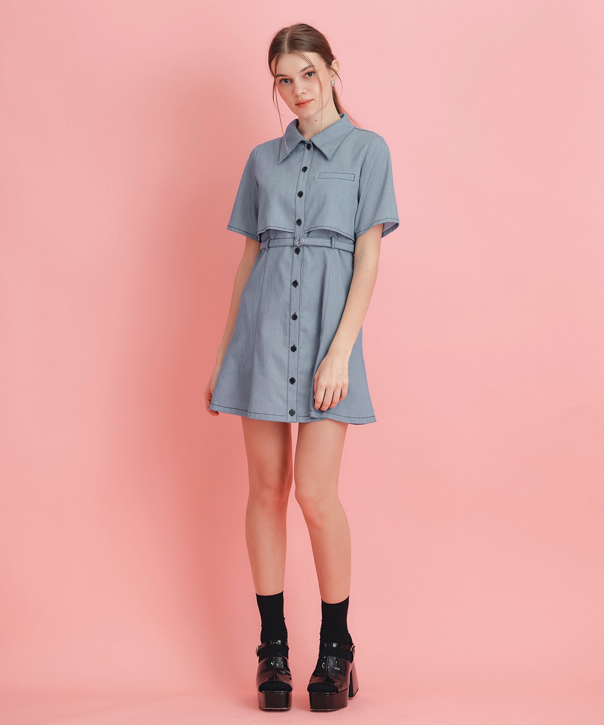 レイヤードライクコントラストフレアミニワンピース