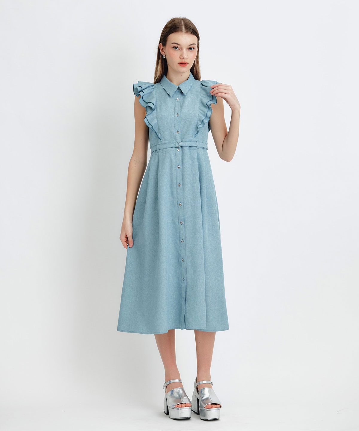 フリルシャツフレアロングワンピース