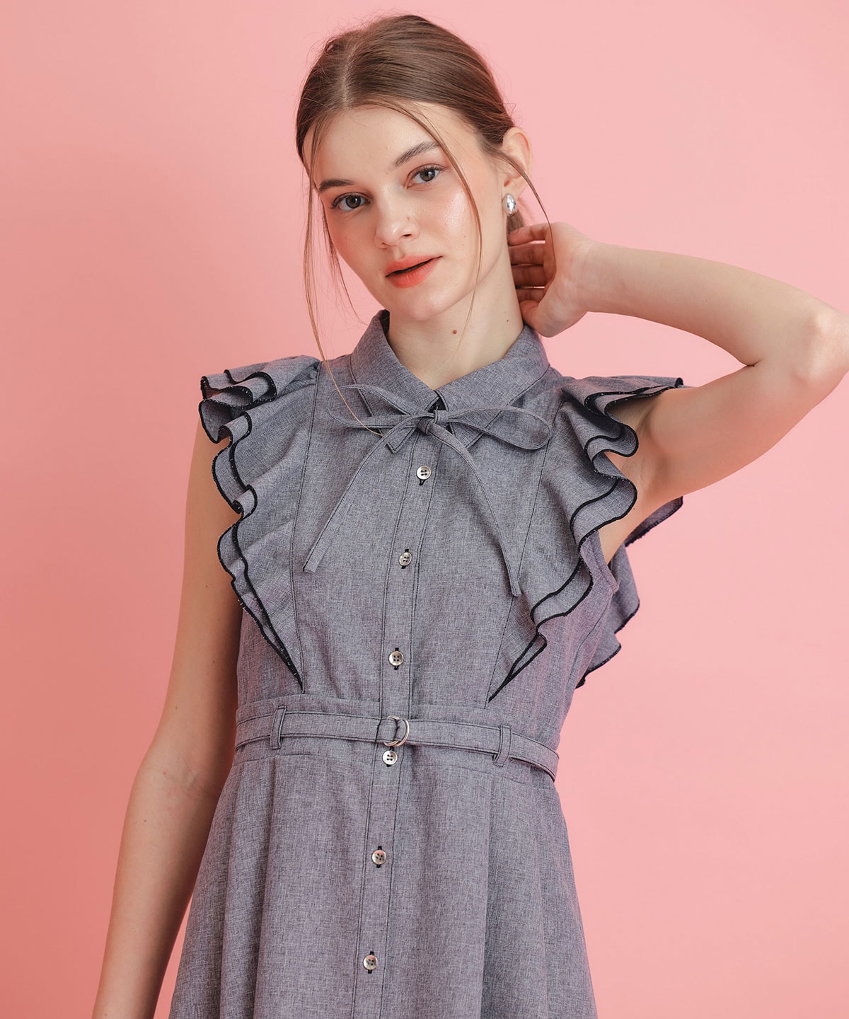 フリルシャツフレアロングワンピース