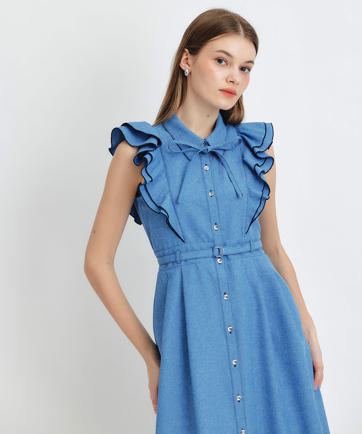 フリルシャツフレアロングワンピース